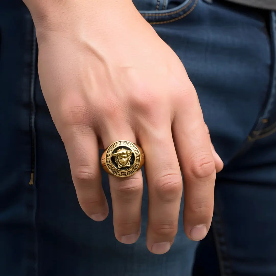 18K Gold Filled Medusa Mythic Head Signet Ring – Greek Key Statement Ring for Men & Women